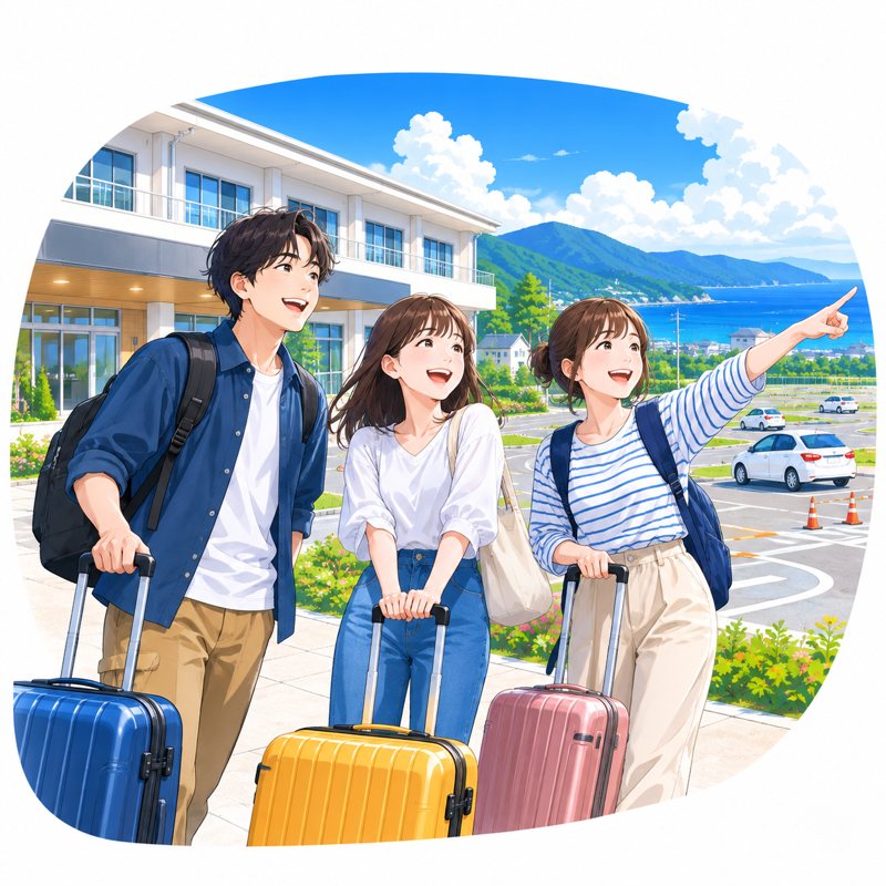合宿免許に参加する若者たちのイラスト