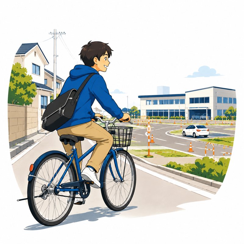 自転車で教習所に通う学生のイラスト