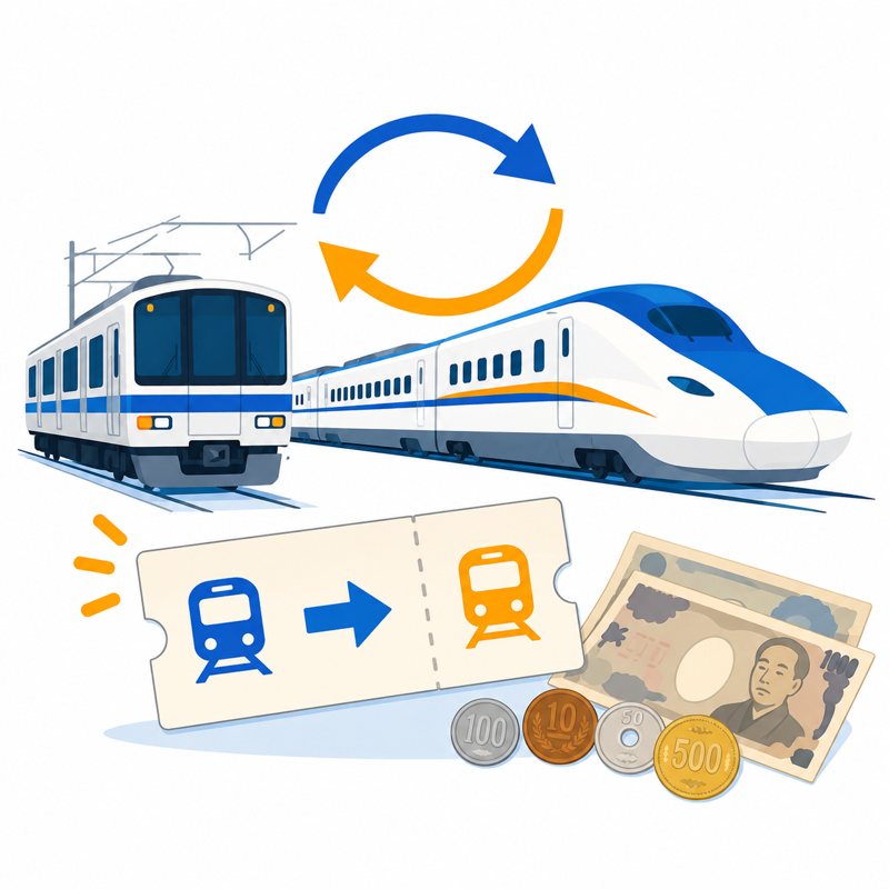 電車と往復切符と交通費のイラスト